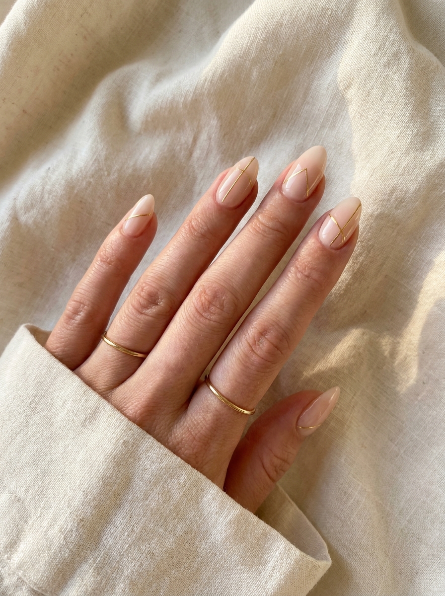 Soft Gold Line Nails mit milchiger Base und feinen Goldlinien
